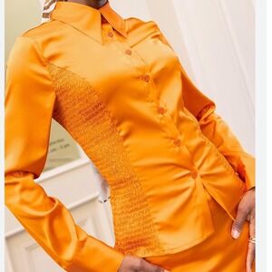 Aissata‎ Diallo x The Drop Orange Satin Smocked Side Button Down Blouse XXL NEW